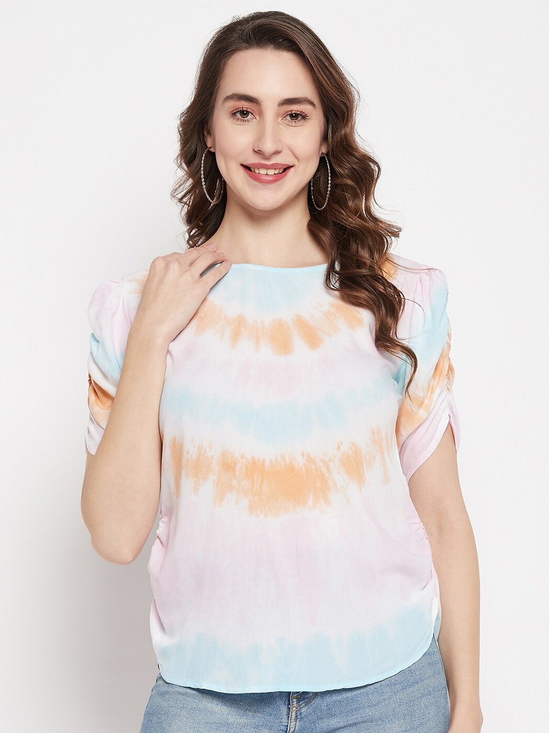 

Ruhaans Tie and Dye Puff Sleeves Top, White