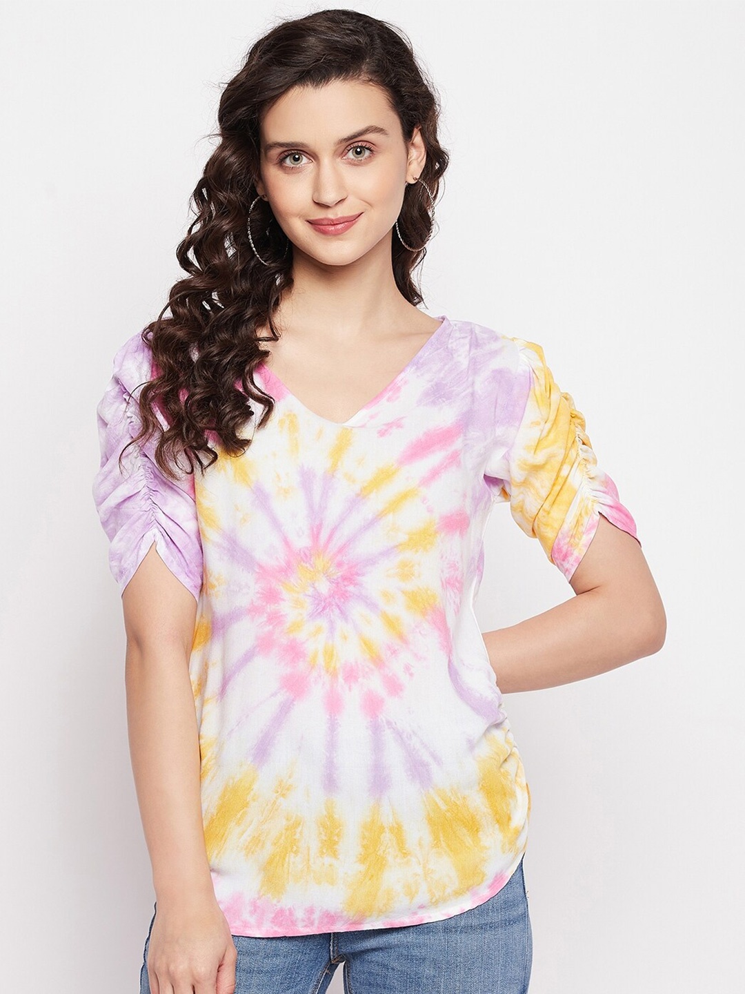 

Ruhaans Tie & Dye V-Neck Puff Sleeves Regular Top, Pink