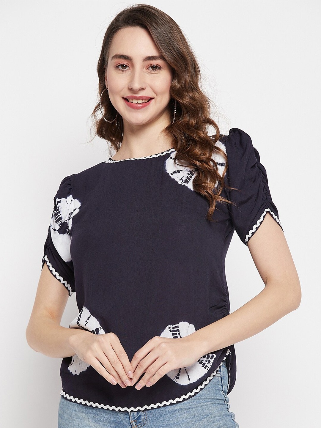 

Ruhaans Tie and Dye Puff Sleeves Top, Navy blue