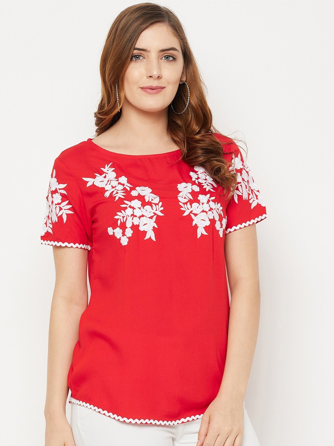 

Ruhaans Floral Embroidered Regular Top, Red