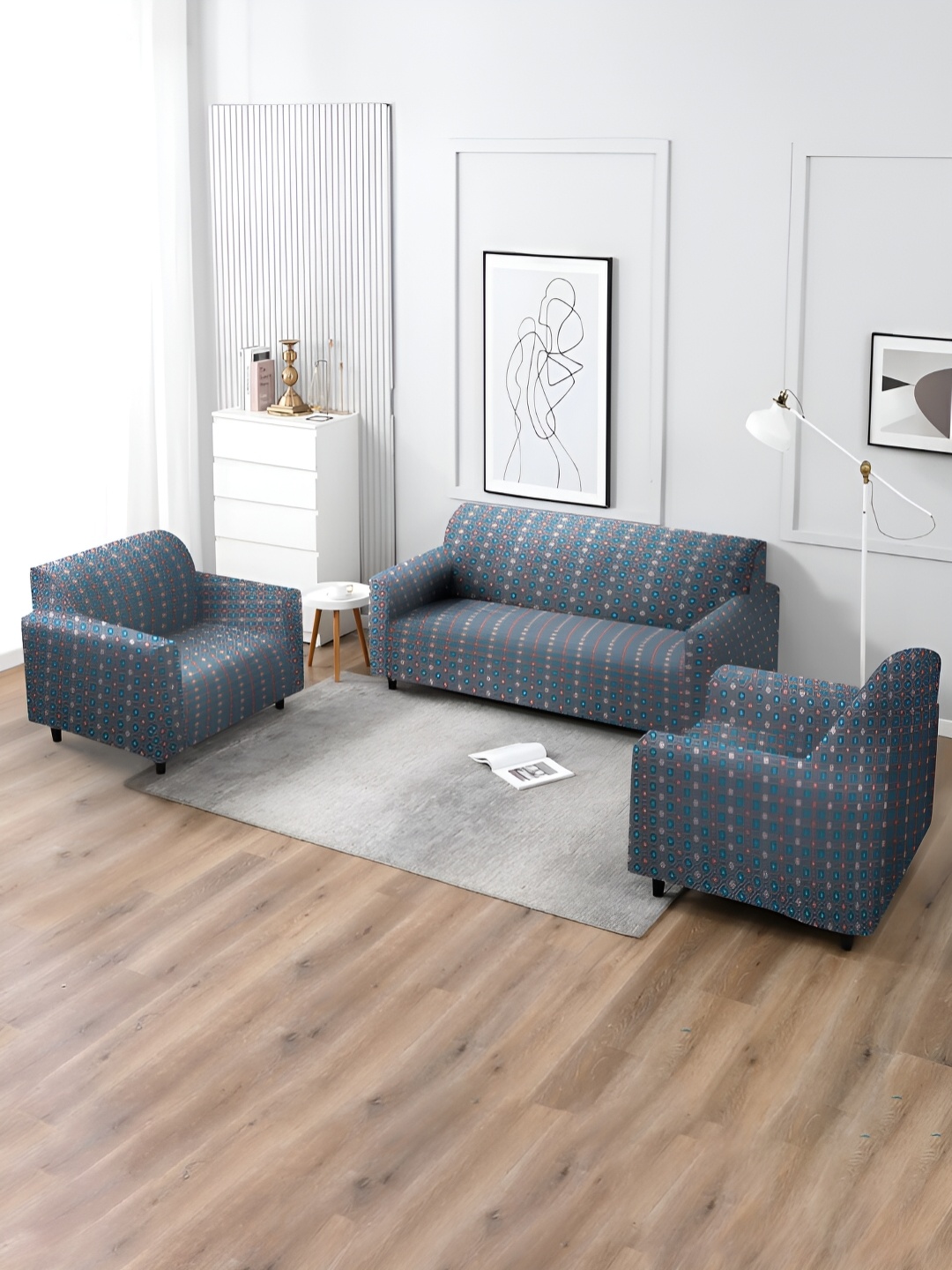 

MULTITEX Tan & Blue 3 Pieces Printed Sofa Cover With Arms