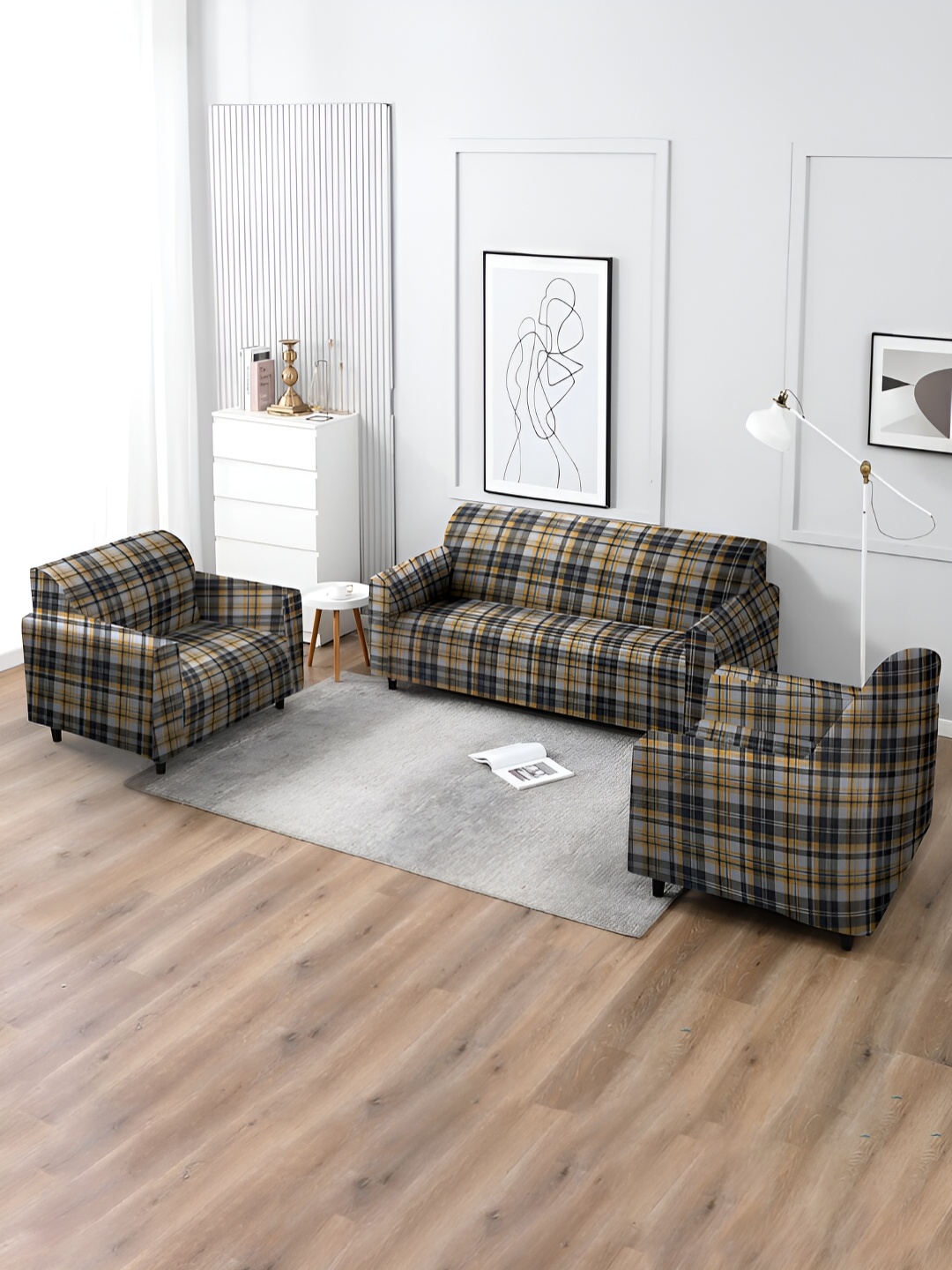 

MULTITEX Yellow & Black 3 Pieces Checked Printed Sofa Cover With Arms