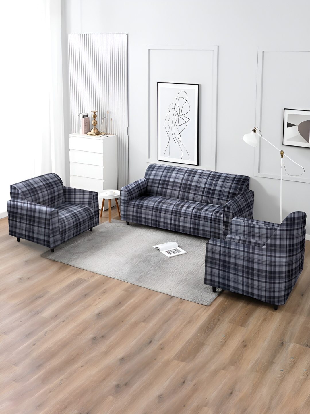 

MULTITEX Grey & Blue Checked 5 Seater Sofa Cover