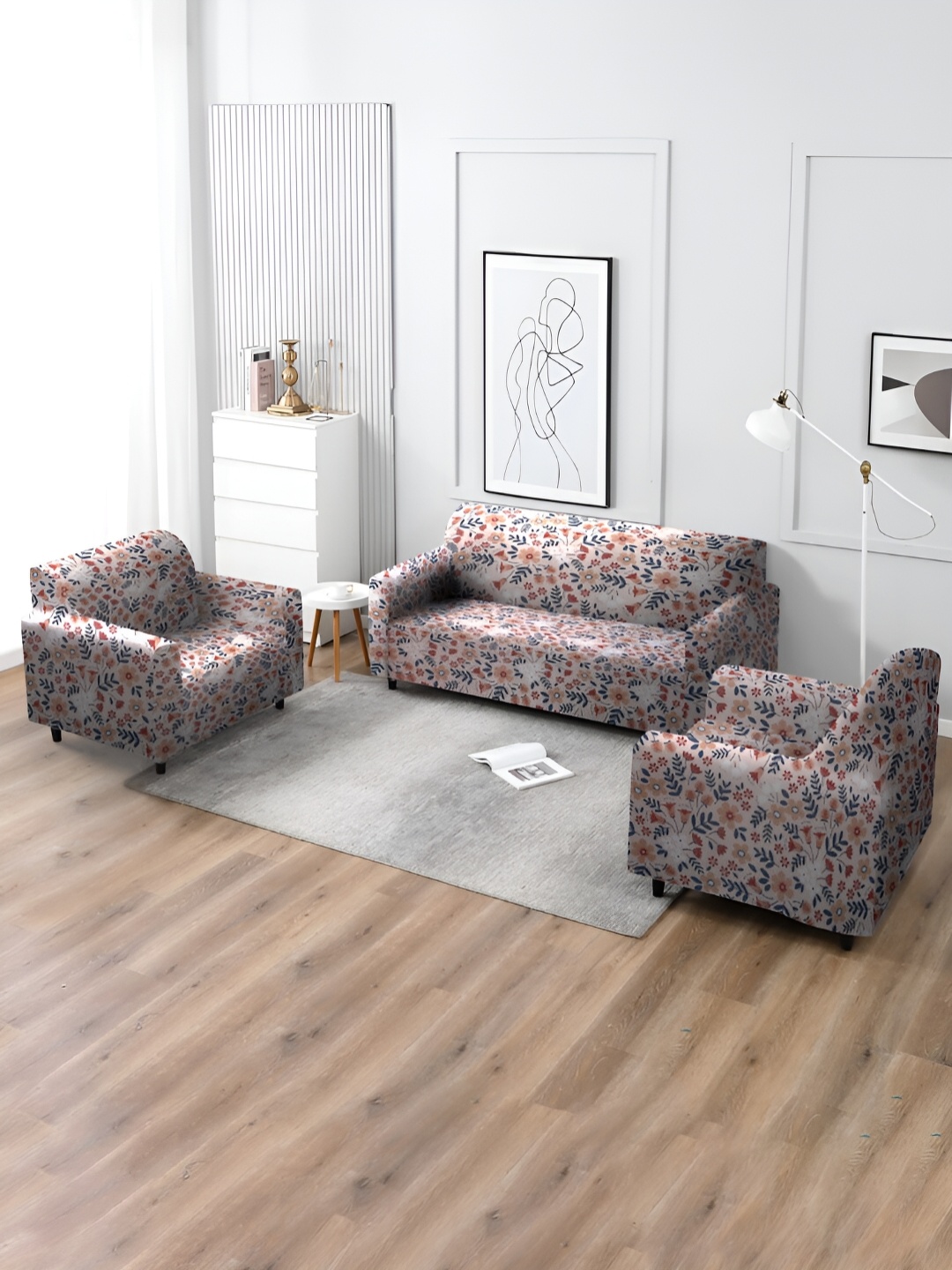 

MULTITEX Beige & Blue Printed 3 Pieces Sofa Cover With Arms