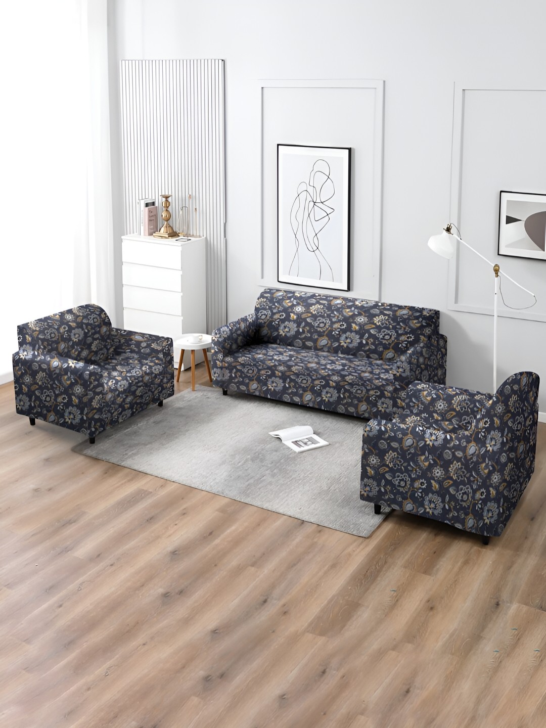 

MULTITEX Black & Grey 3 Pieces Printed Sofa Cover With Arms