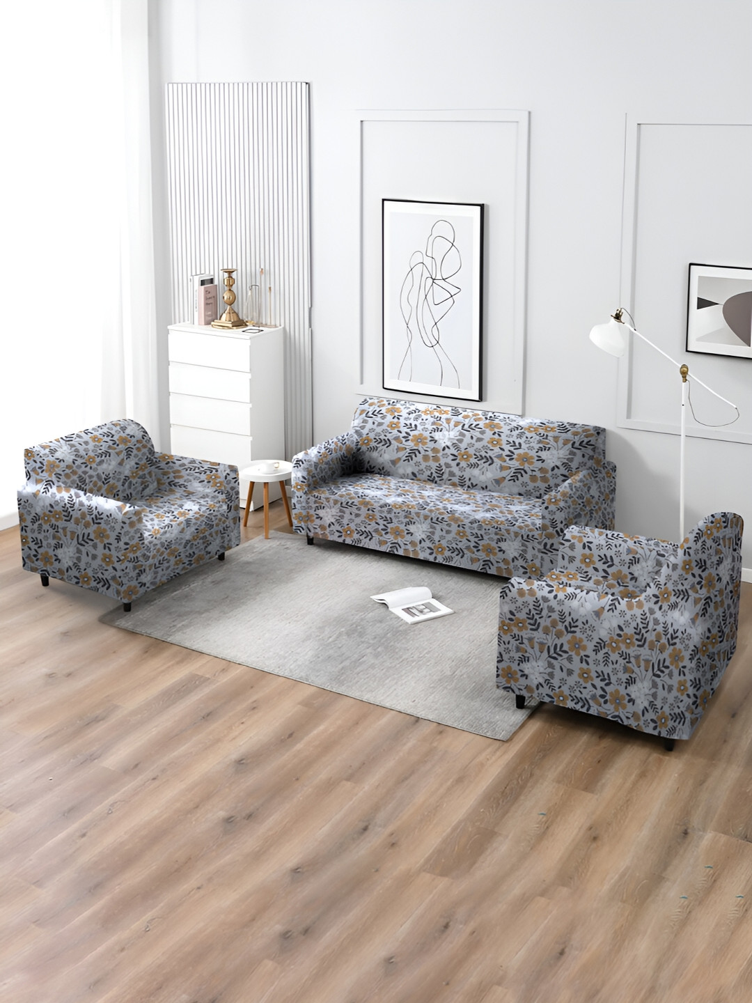 

MULTITEX Grey & Mustard Printed 5 Seater Sofa Cover