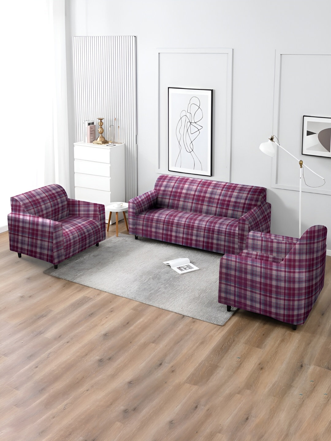 

MULTITEX Purple & Blue Checked 3 Pieces Sofa Cover With Arms