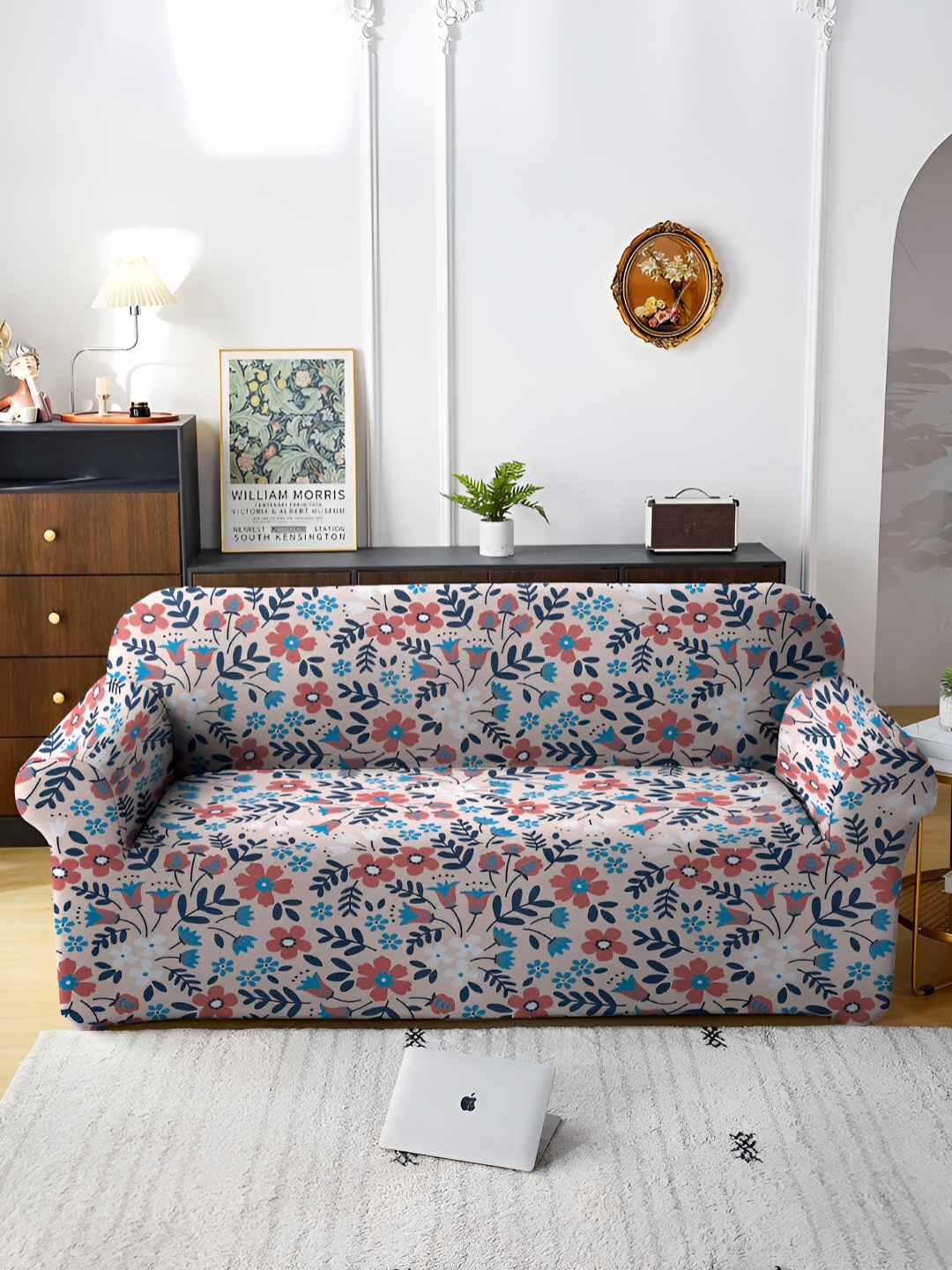 

MULTITEX Peach-Coloured & Blue Printed 3 Pieces Sofa Cover With Arms