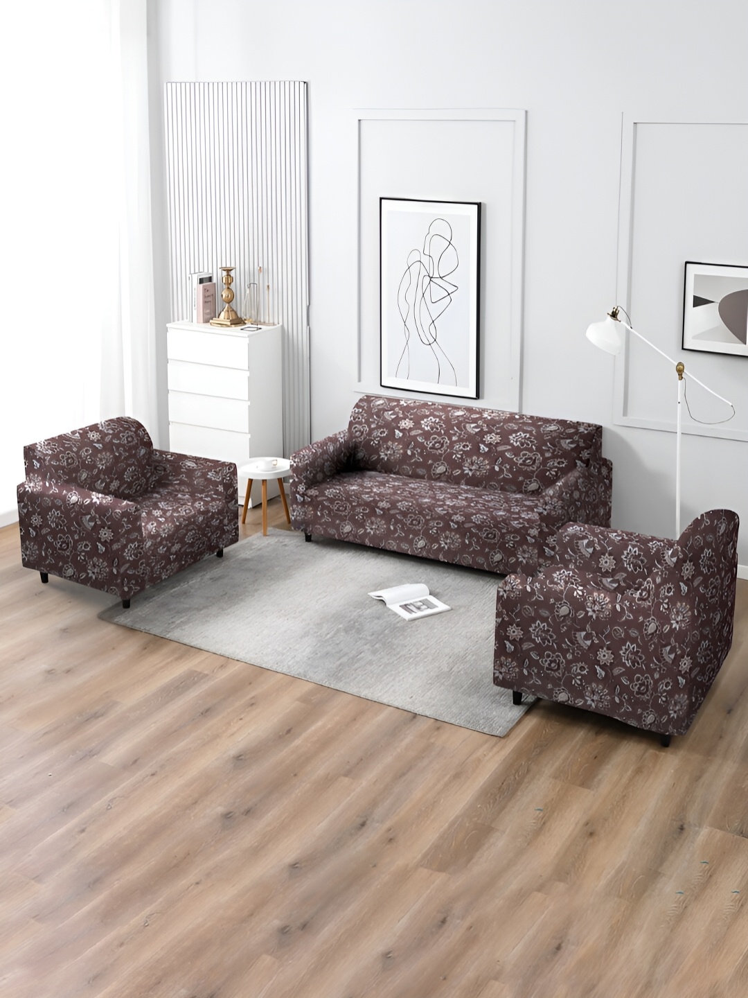 

MULTITEX Copper-Toned & White 3 Pieces Printed Sofa Cover With Arms