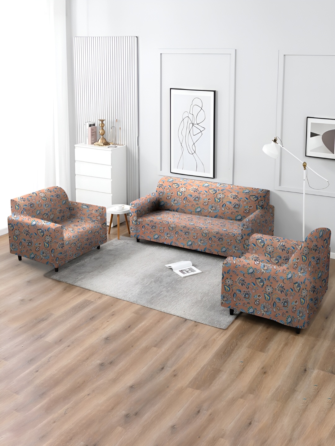 

MULTITEX Orange & Blue Printed 3 Pieces Sofa Cover With Arms