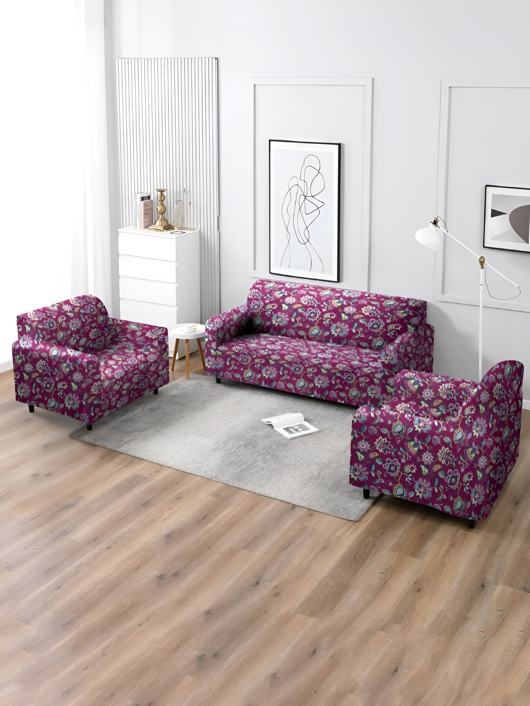 

MULTITEX Pink & Blue 3 Pieces Printed Sofa Cover With Arms