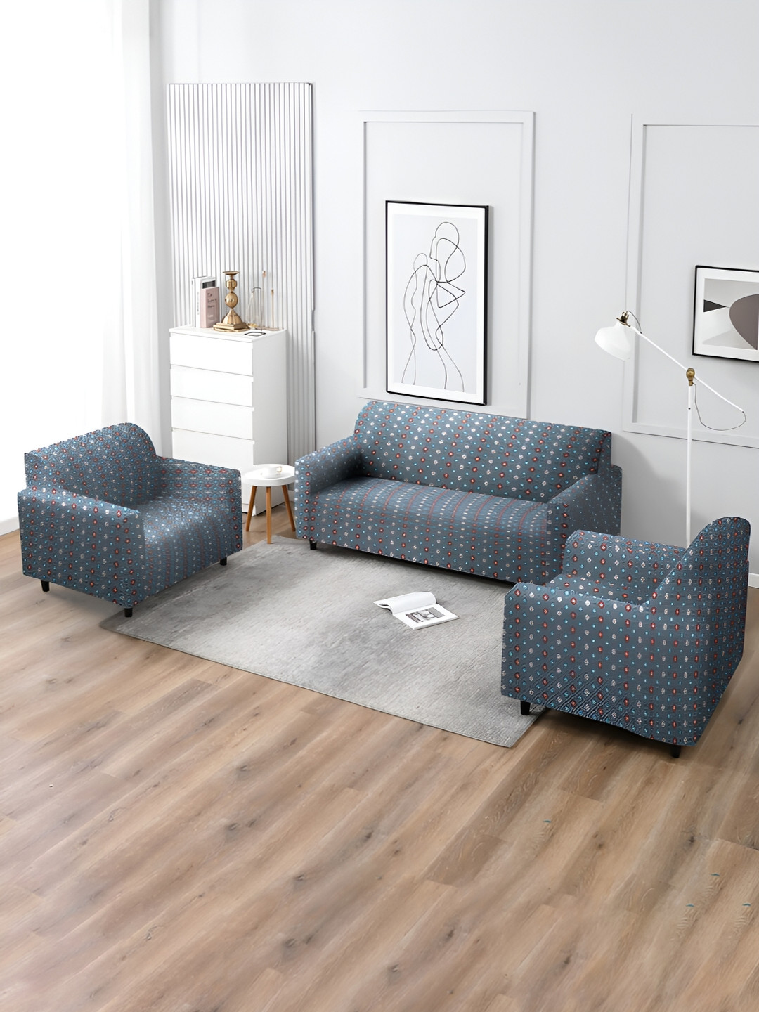 

MULTITEX Silver-Toned & Blue Printed 5 Seater Sofa Cover