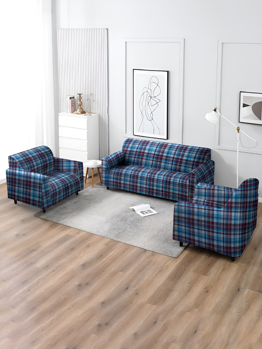 

MULTITEX Navy Blue & Grey Checked Sofa Cover With Arms