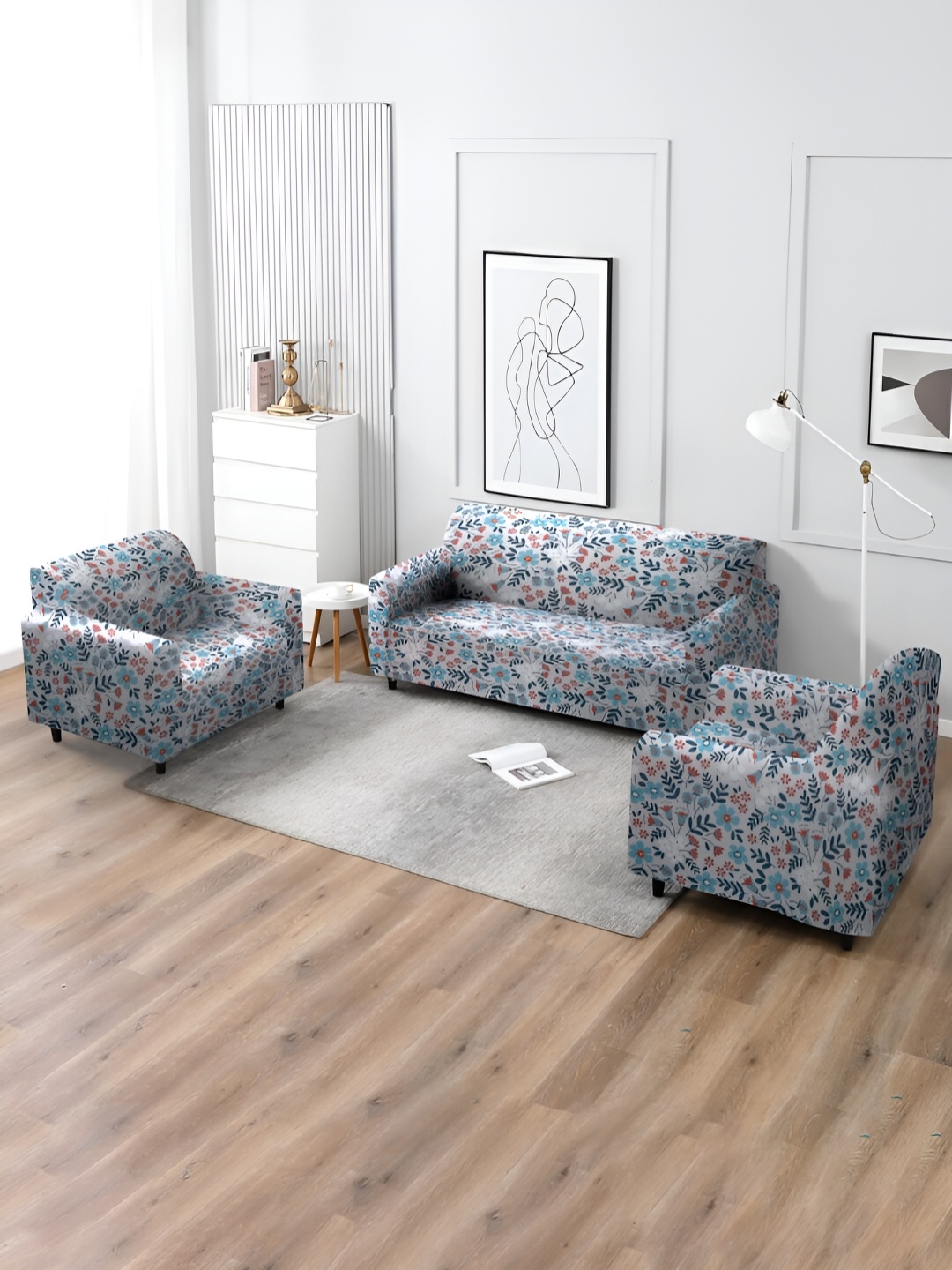 

MULTITEX Off White & Blue Printed 3 Pieces Sofa Cover With Arms