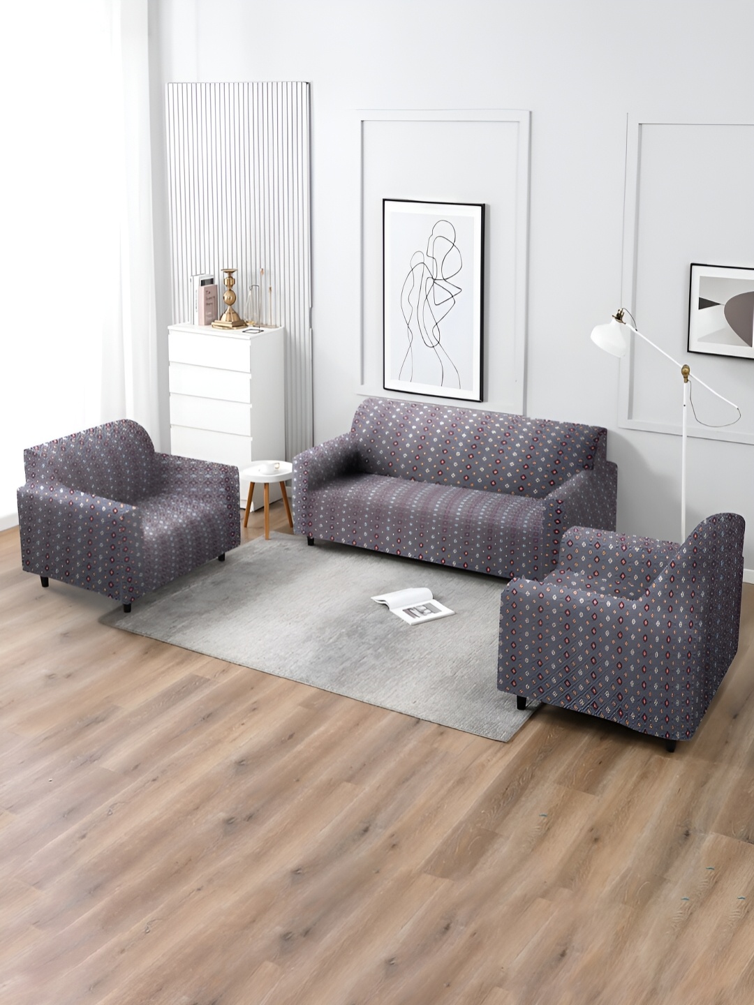 

MULTITEX Blue & Red Printed 3 Pieces Sofa Cover With Arms
