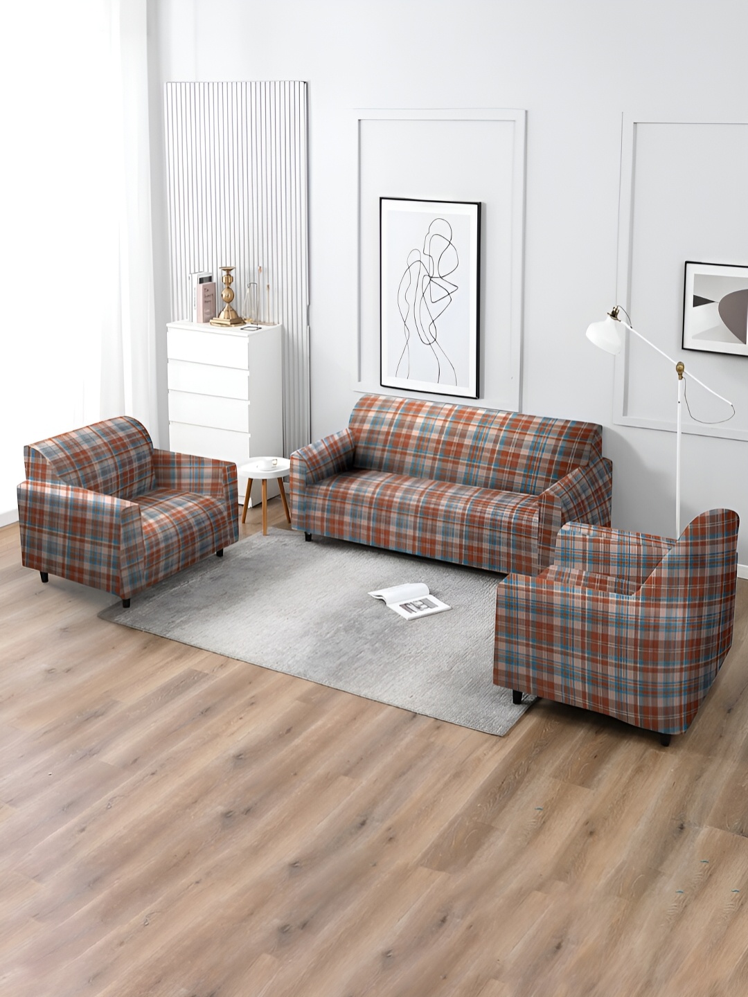 

MULTITEX Rust & Blue 3 Pieces Printed Sofa Cover With Arms