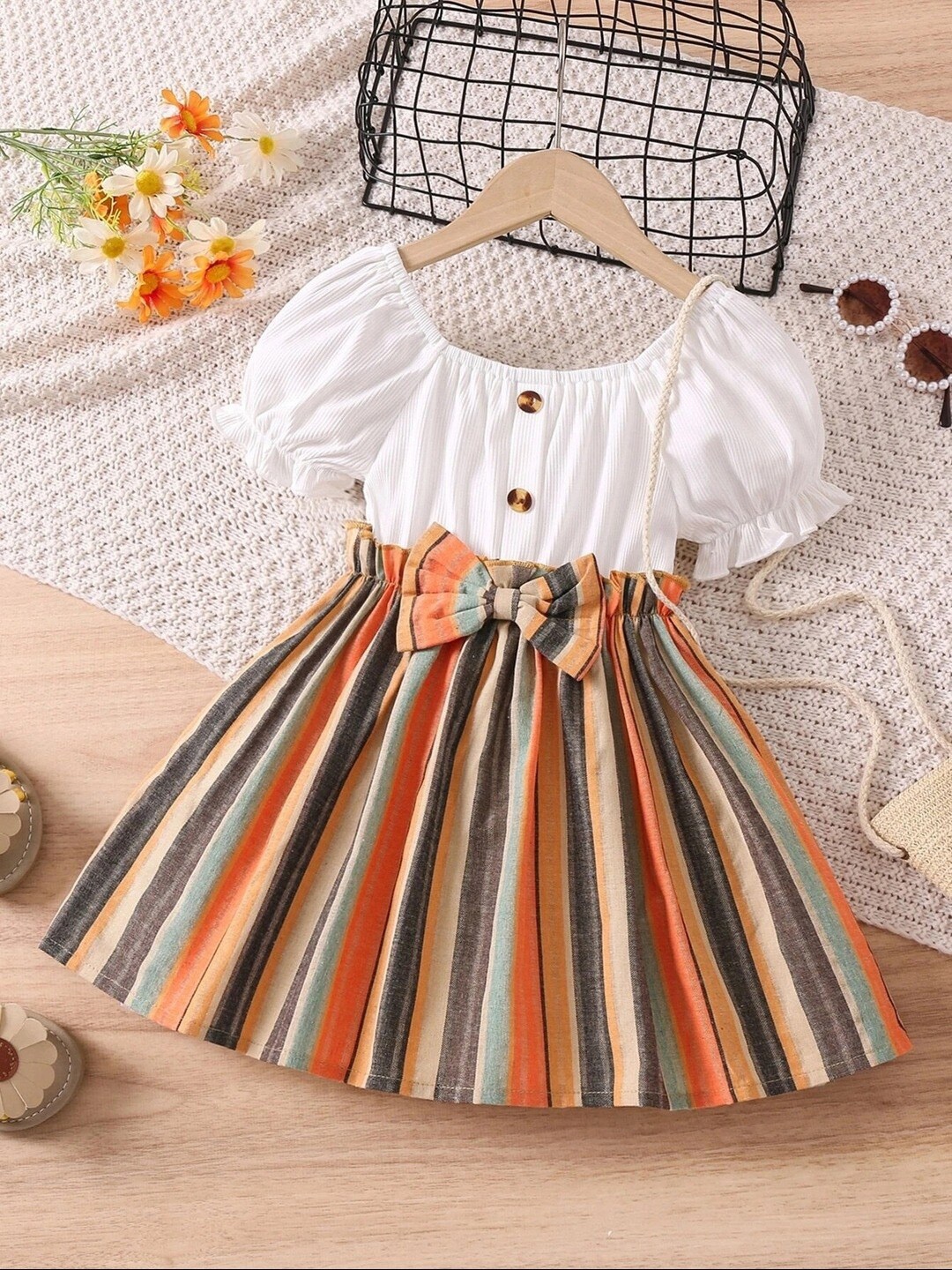 

BAESD Girls Striped Puff Sleeve Fit & Flare Dress, White