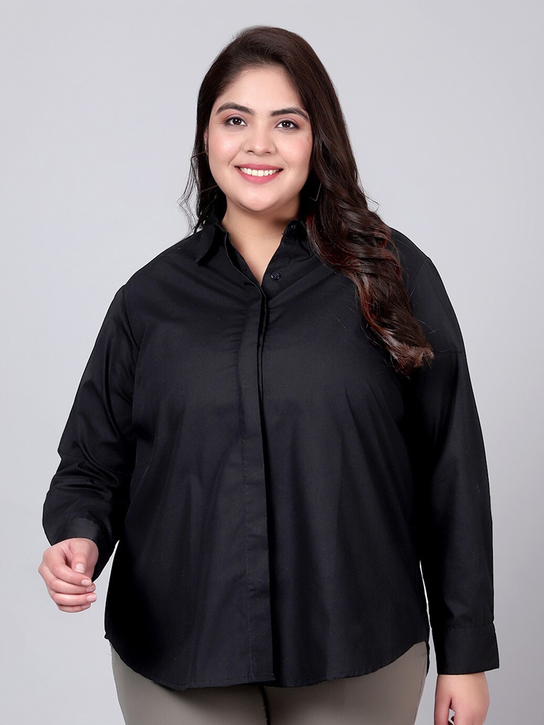 

Indietoga Plus Size Classic Slim Fit Spread Collar Cotton Formal Shirt, Black