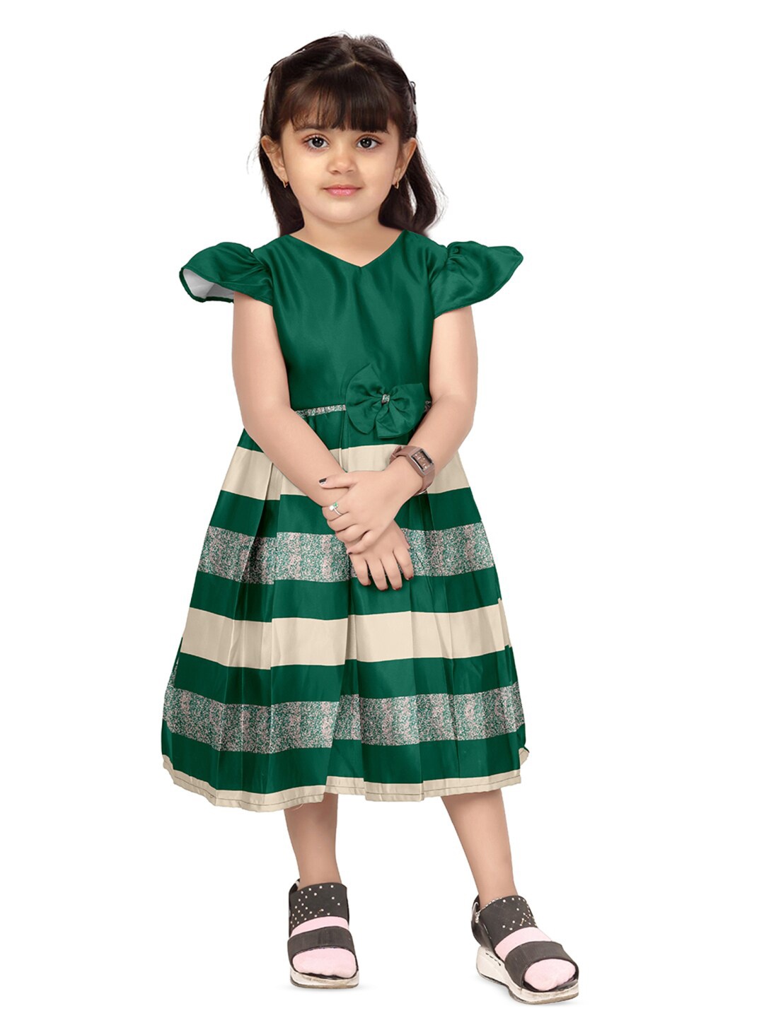 

BAESD Girls Striped Puff Sleeve Satin Fit & Flare Midi Dress, Green