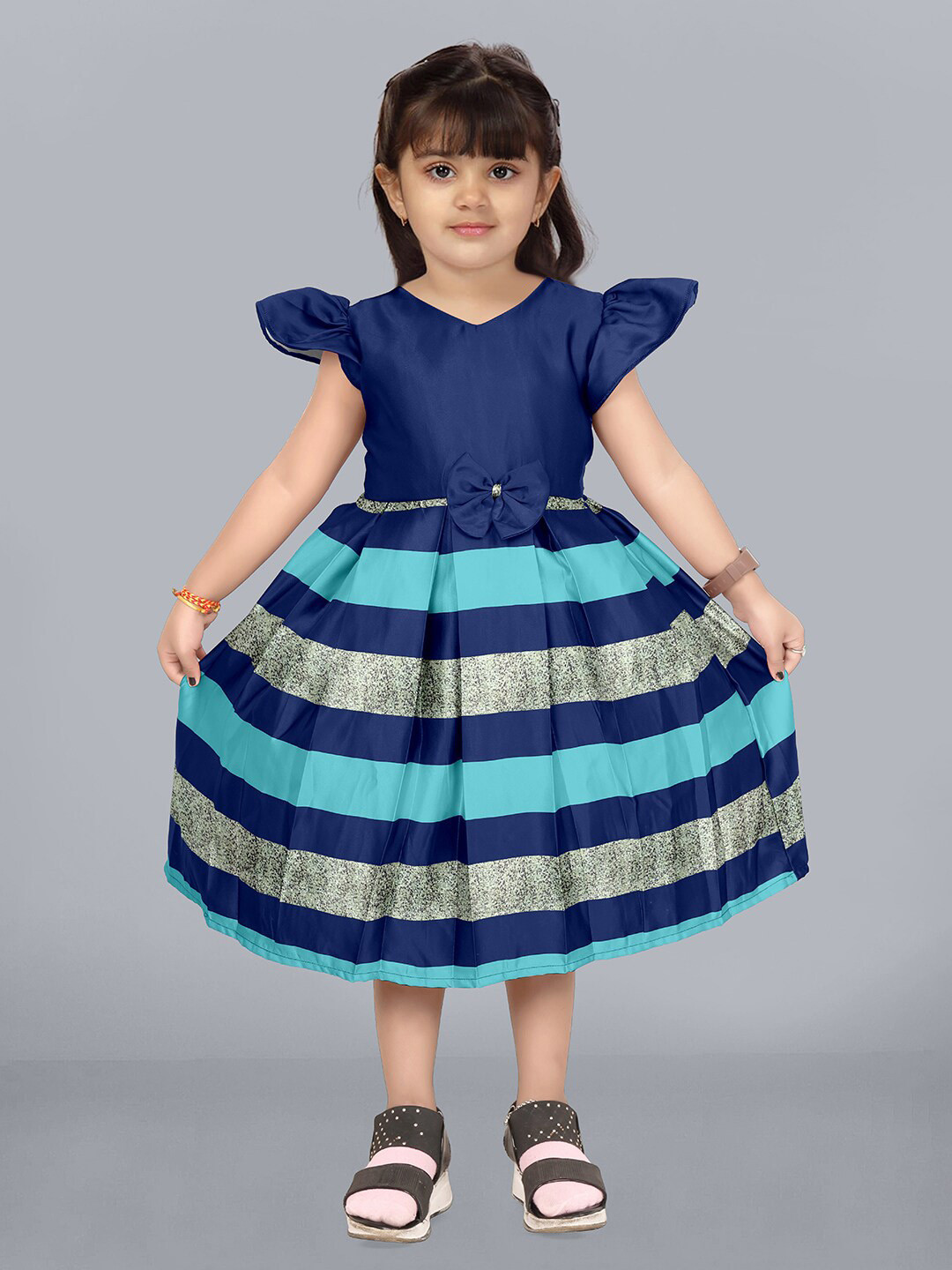 

BAESD Girls Striped Flutter Sleeve Crepe Fit & Flare Midi Dress, Blue