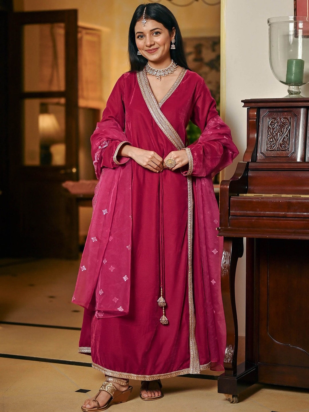 

Lavanya The Label Embellished V-Neck Maxi Ethnic Dress With Dupatta, Pink