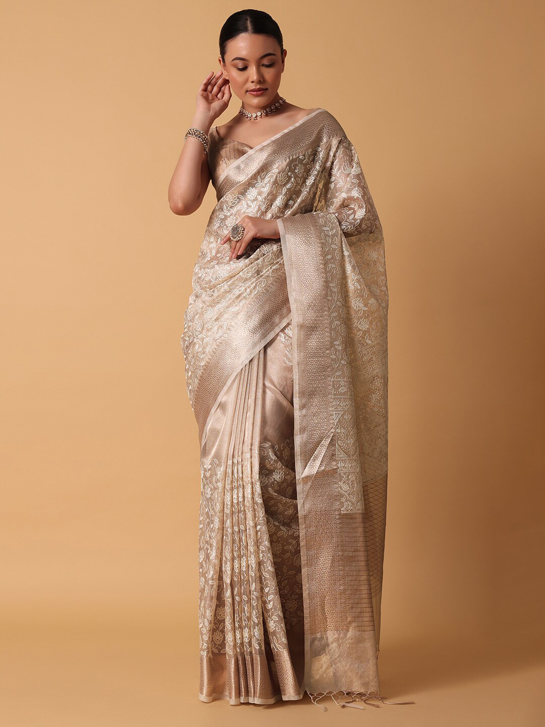 

KALKI Fashion Floral Woven Design Zari Chanderi Saree, Gold