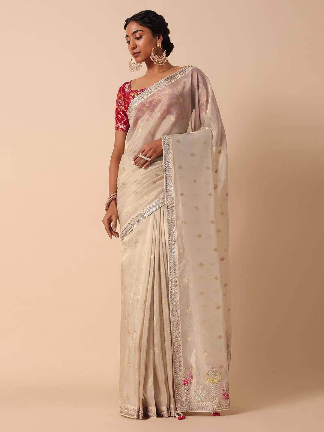 

KALKI Fashion Ethnic Motifs Woven Design Embroidered Saree, Beige