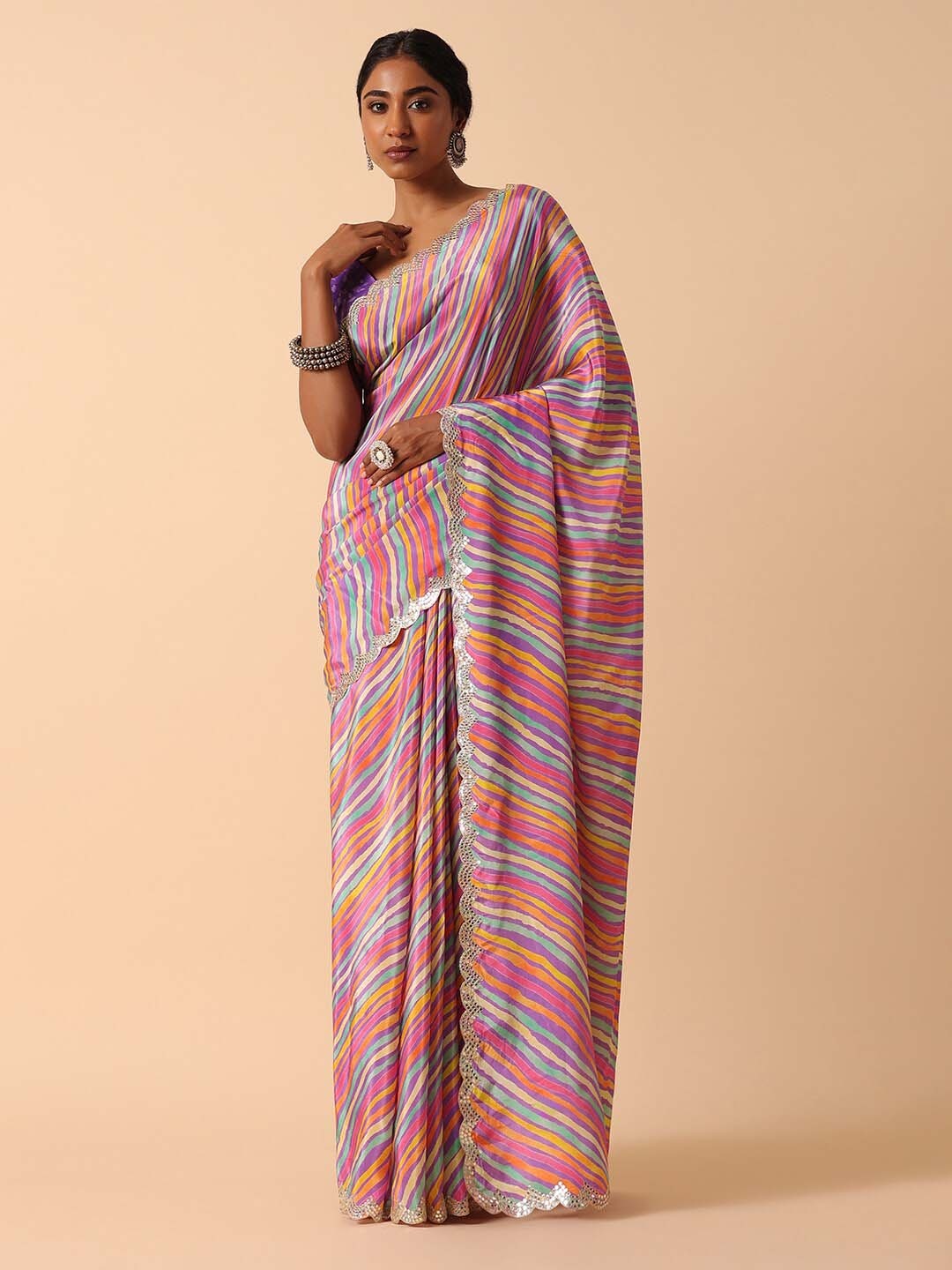

KALKI Fashion Striped Printed Mirror Work Saree, Purple