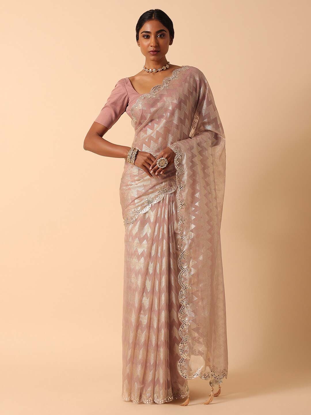 

KALKI Fashion Geometric Printed Mirror Work Saree, Pink