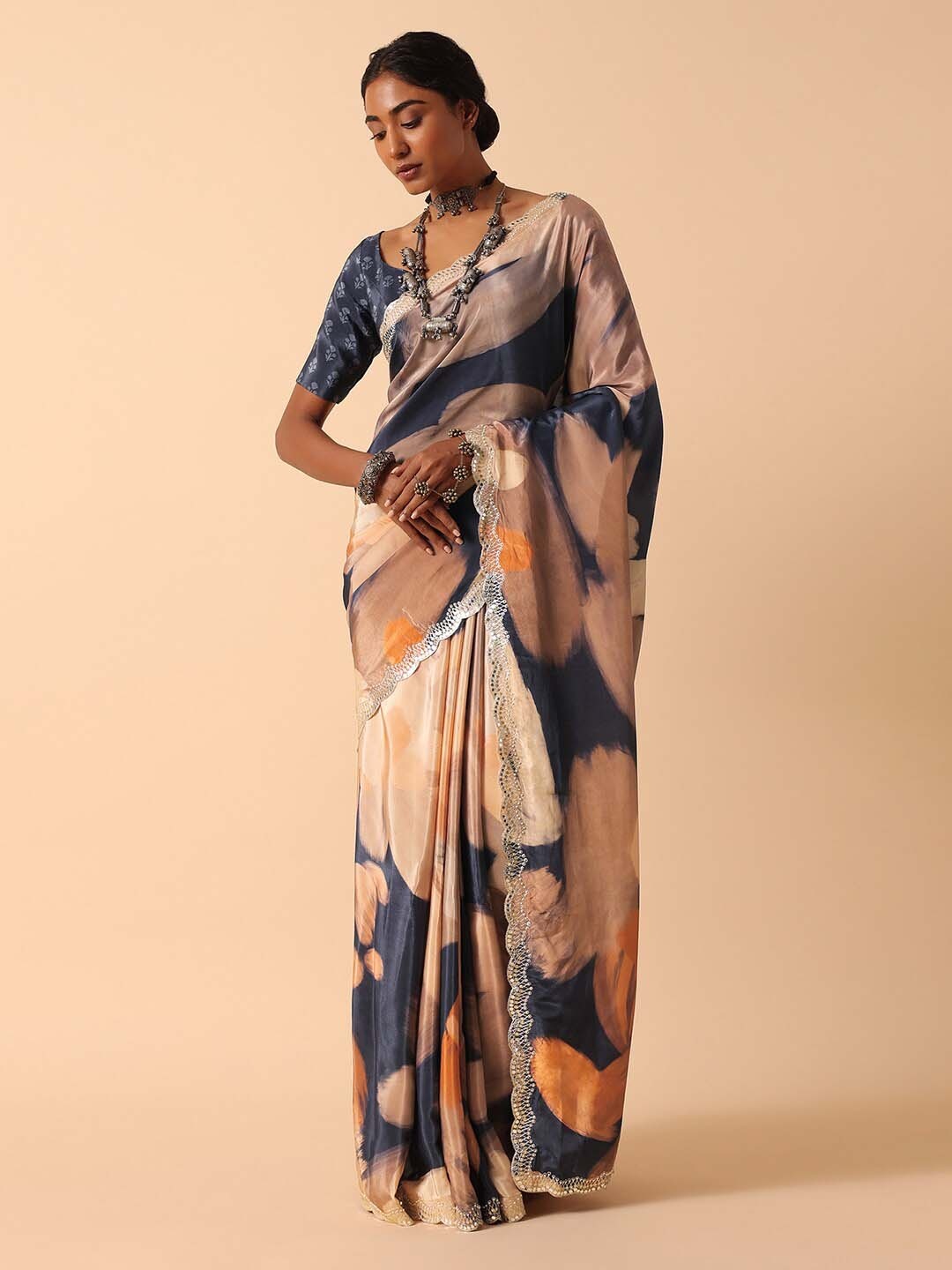 

KALKI Fashion Abstract Printed Mirror Work Saree, Blue