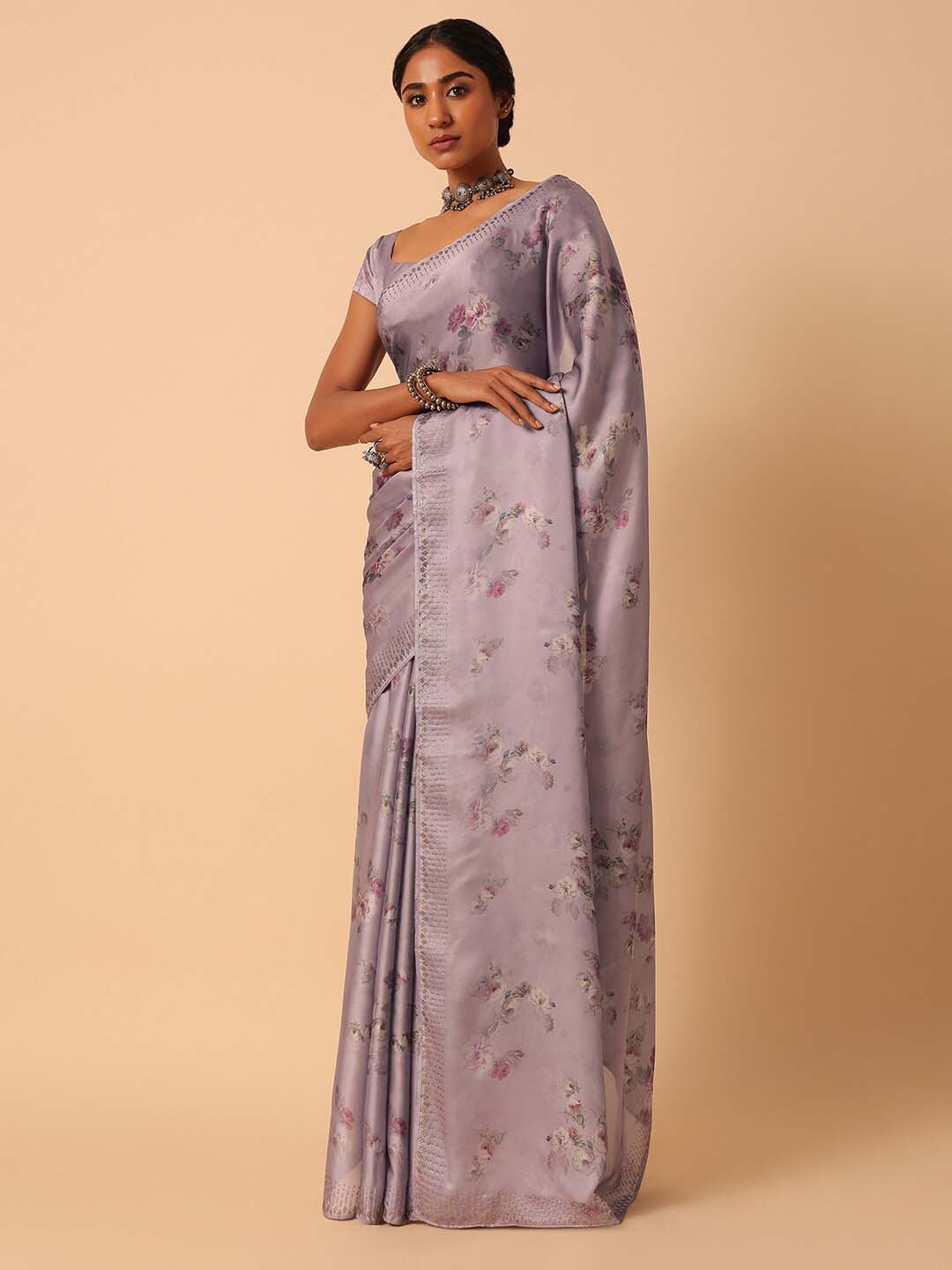 

KALKI Fashion Floral Printed Satin Saree, Purple