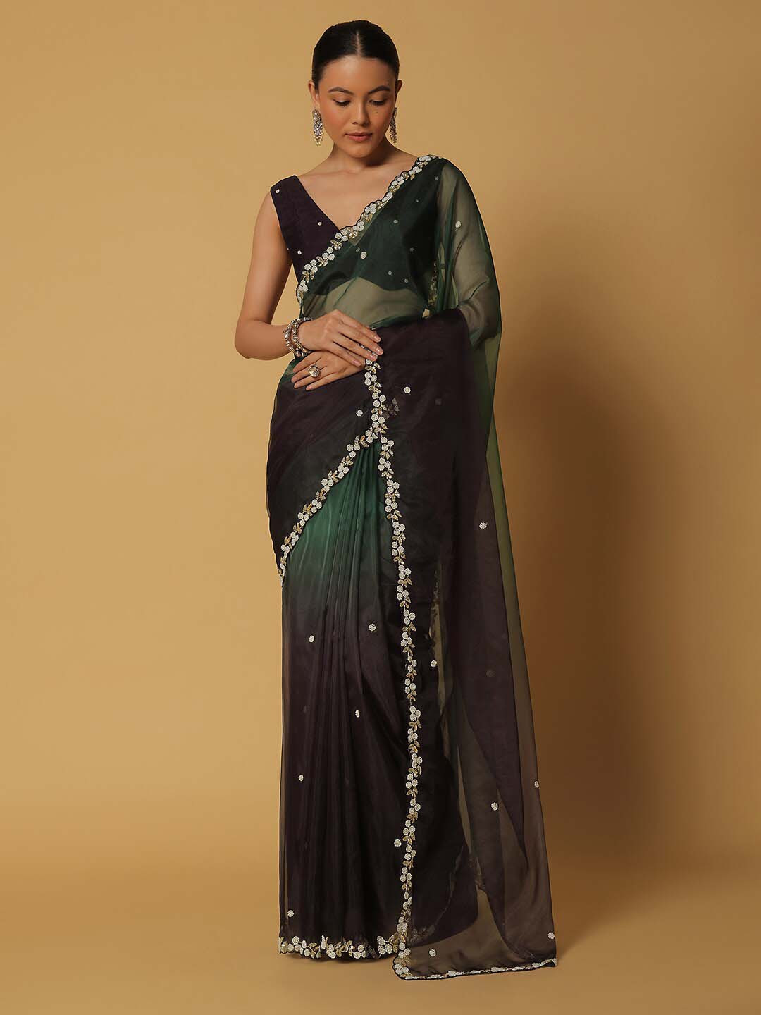 

KALKI Fashion Embellished Beads and Stones Organza Saree, Green