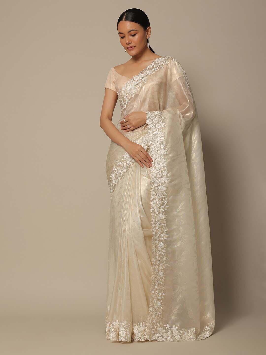 

KALKI Fashion Floral Printed Thread Work Satin Saree, White