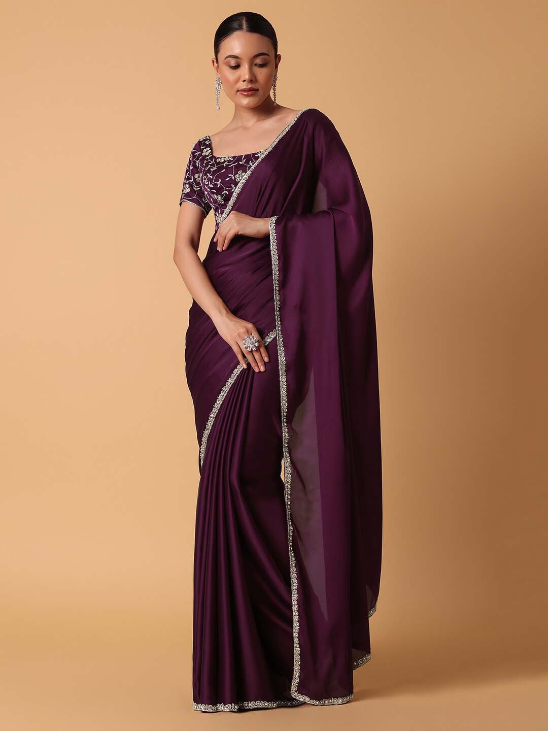

KALKI Fashion Embellished Sequinned Satin Saree, Purple