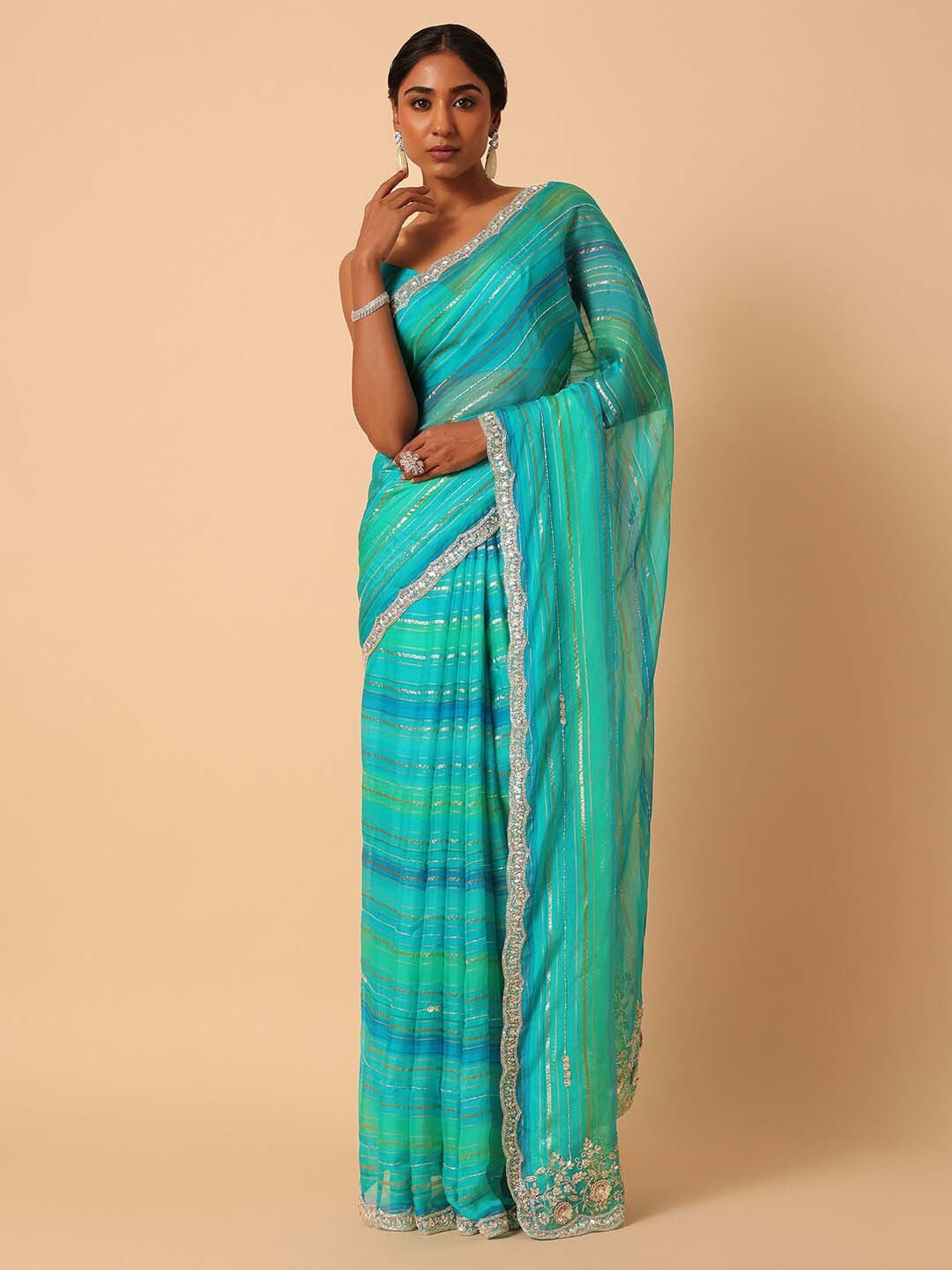 

KALKI Fashion Striped Zari Organza Saree, Blue