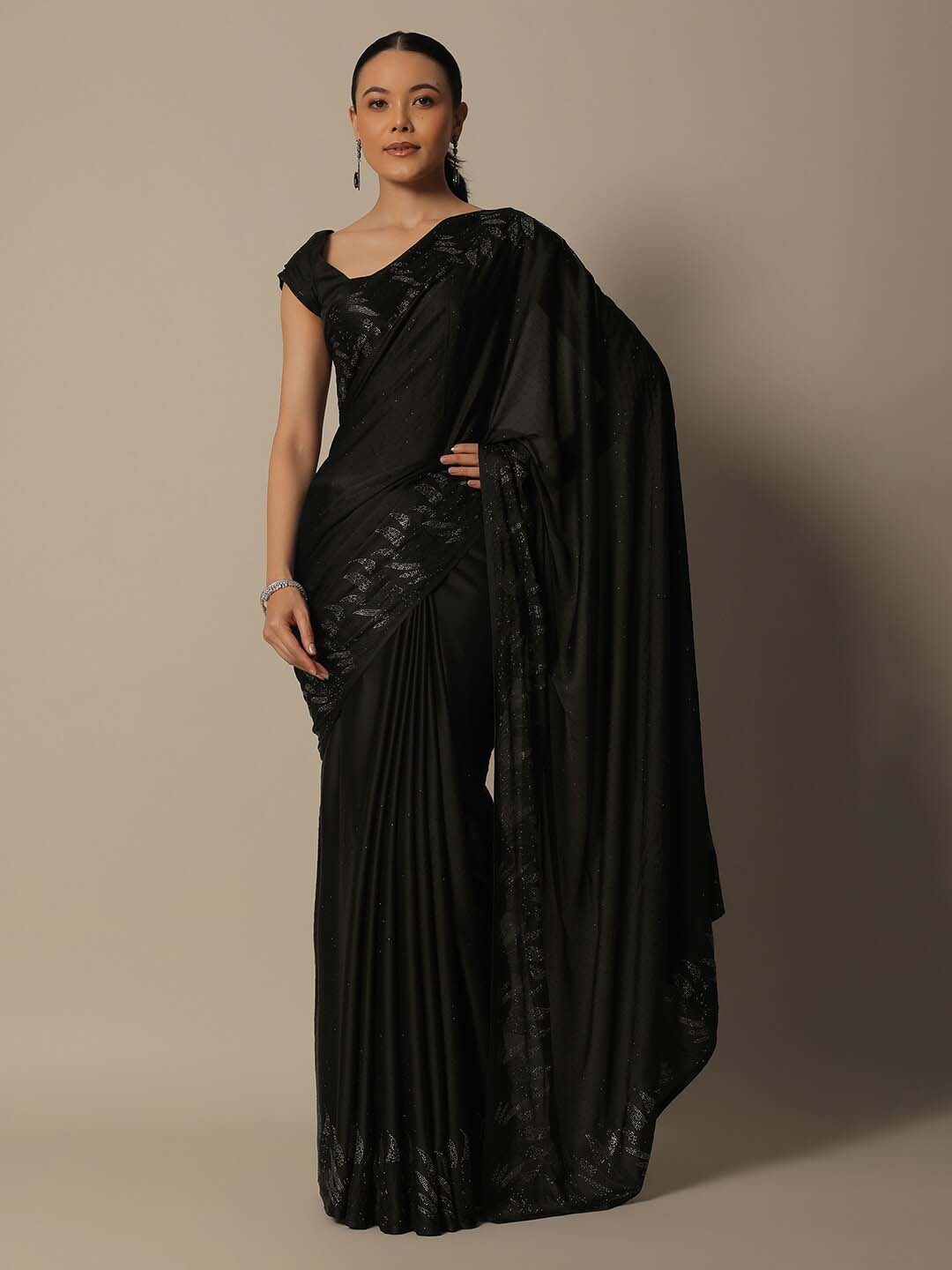 

KALKI Fashion Embellished Beads and Stones Satin Saree, Black