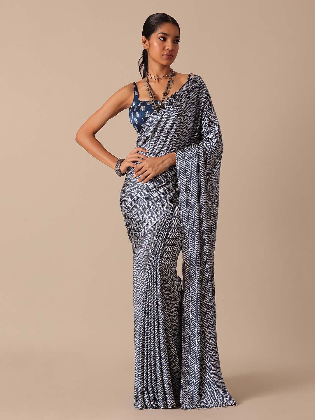 

KALKI Fashion Geometric Printed Satin Saree With Tassel, Blue