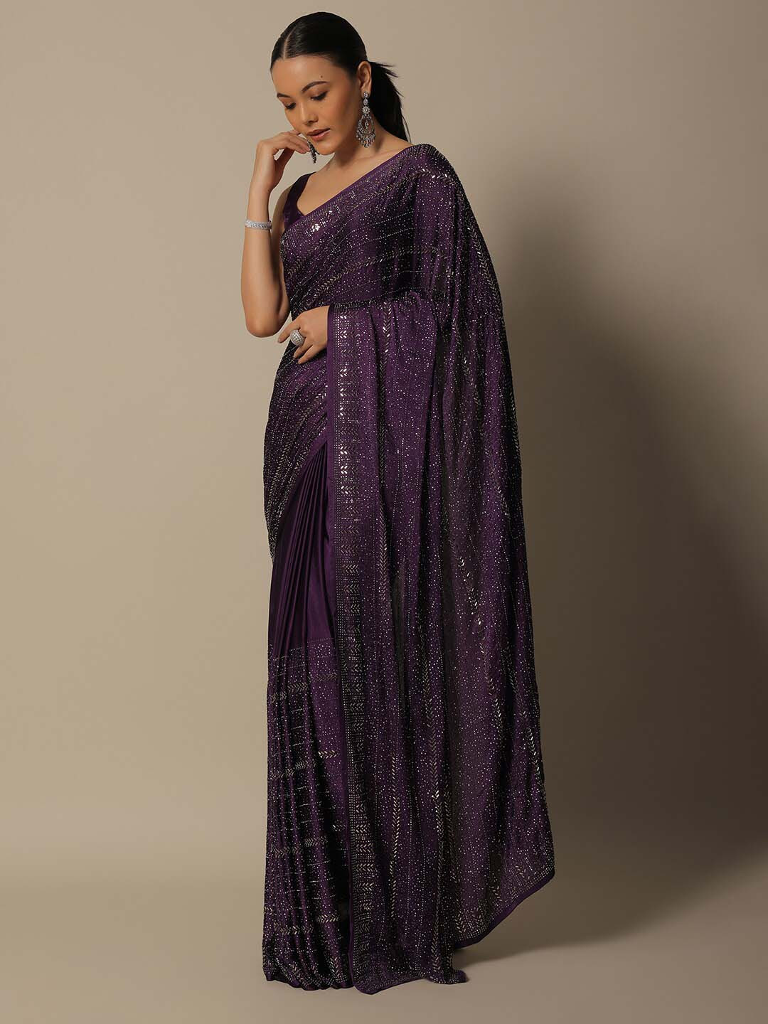 

KALKI Fashion Embellished Beads and Stones Satin Saree, Purple