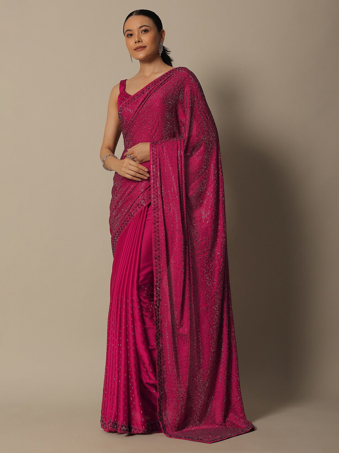 

KALKI Fashion Embellished Beads and Stones Satin Saree, Red