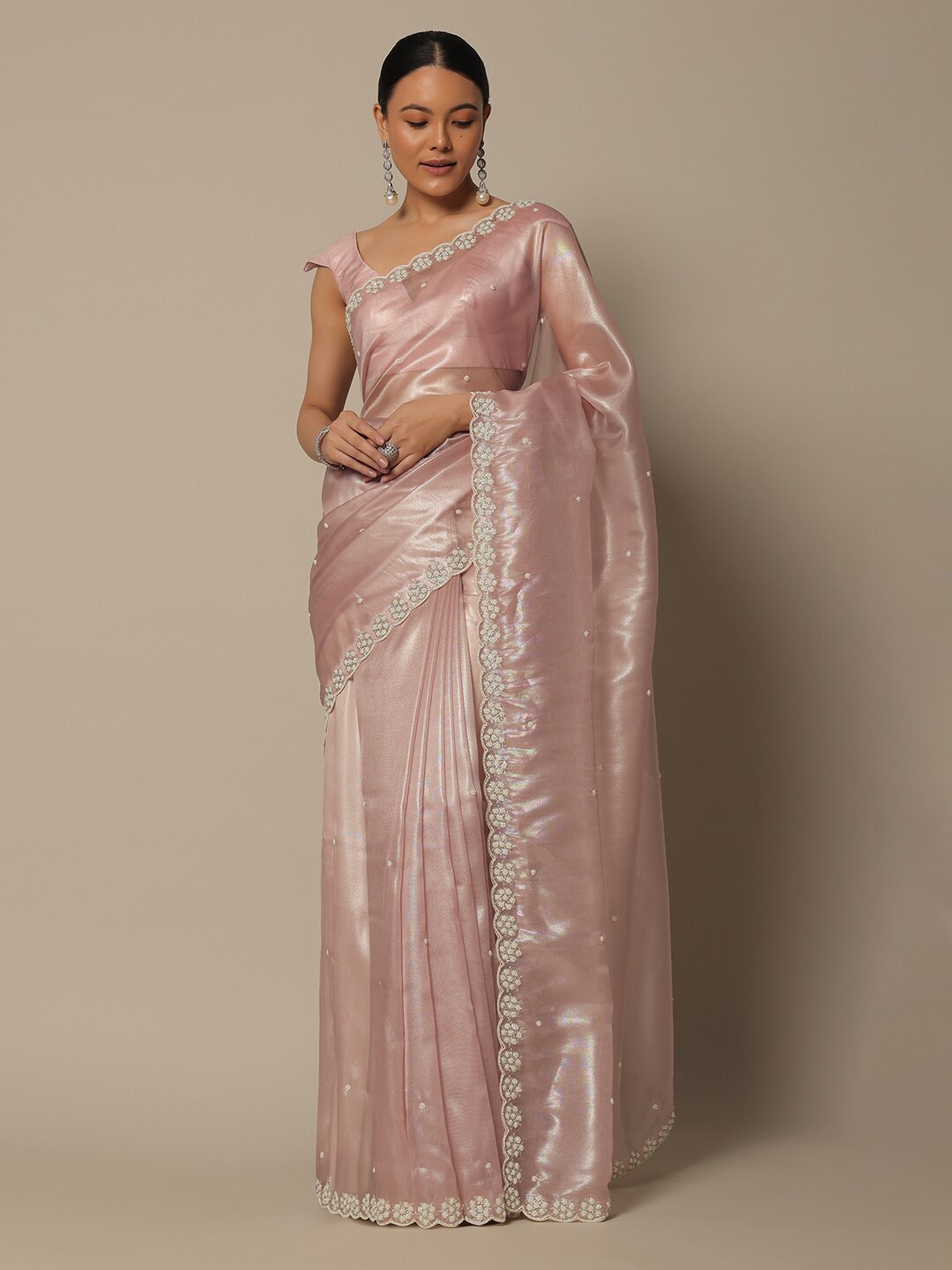 

KALKI Fashion Embellished Beads and Stones Organza Saree With Cut dana Work, Pink