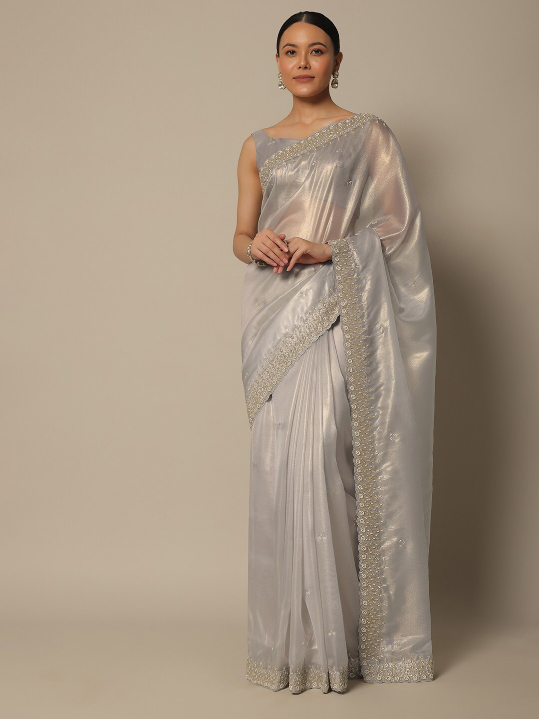 

KALKI Fashion Embellished Beads and Stones Organza Saree, Grey