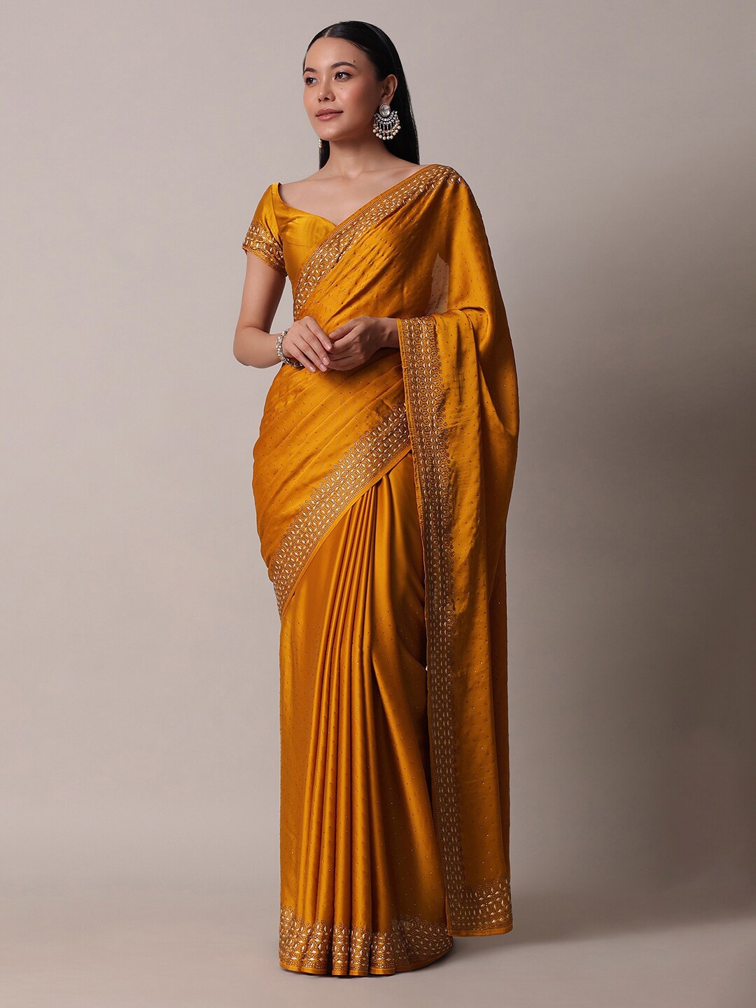 

KALKI Fashion Embellished Beads and Stones Satin Saree, Yellow