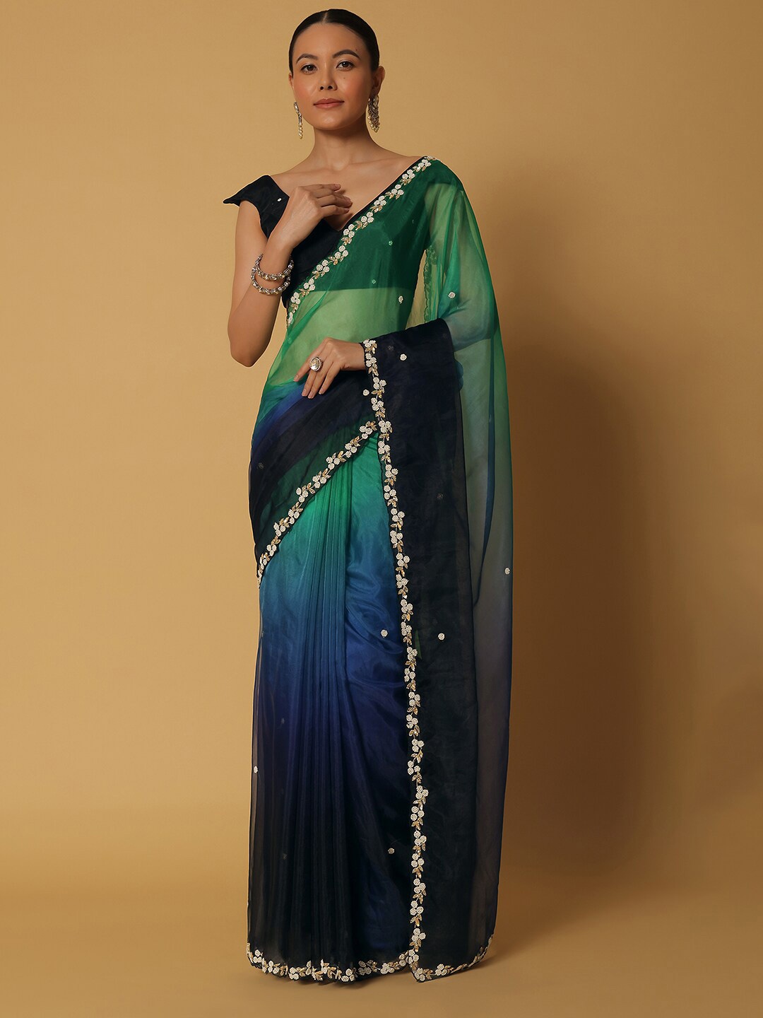 

KALKI Fashion Floral Beads and Stones Organza Saree, Green
