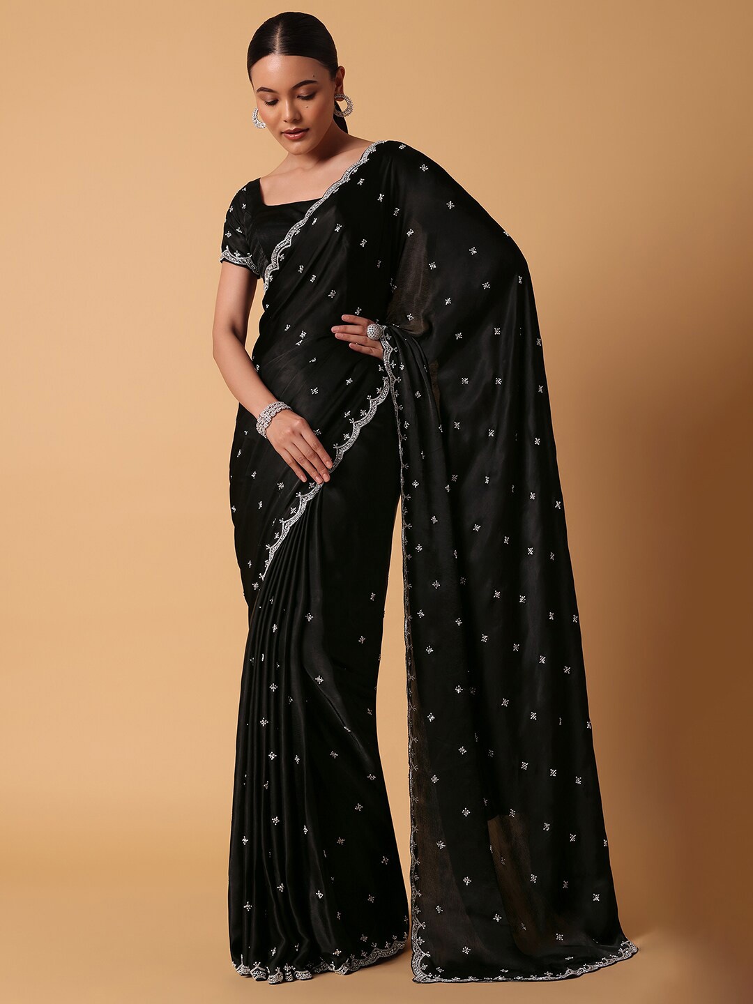 

KALKI Fashion Embellished Beads & Stones Satin Saree, Black