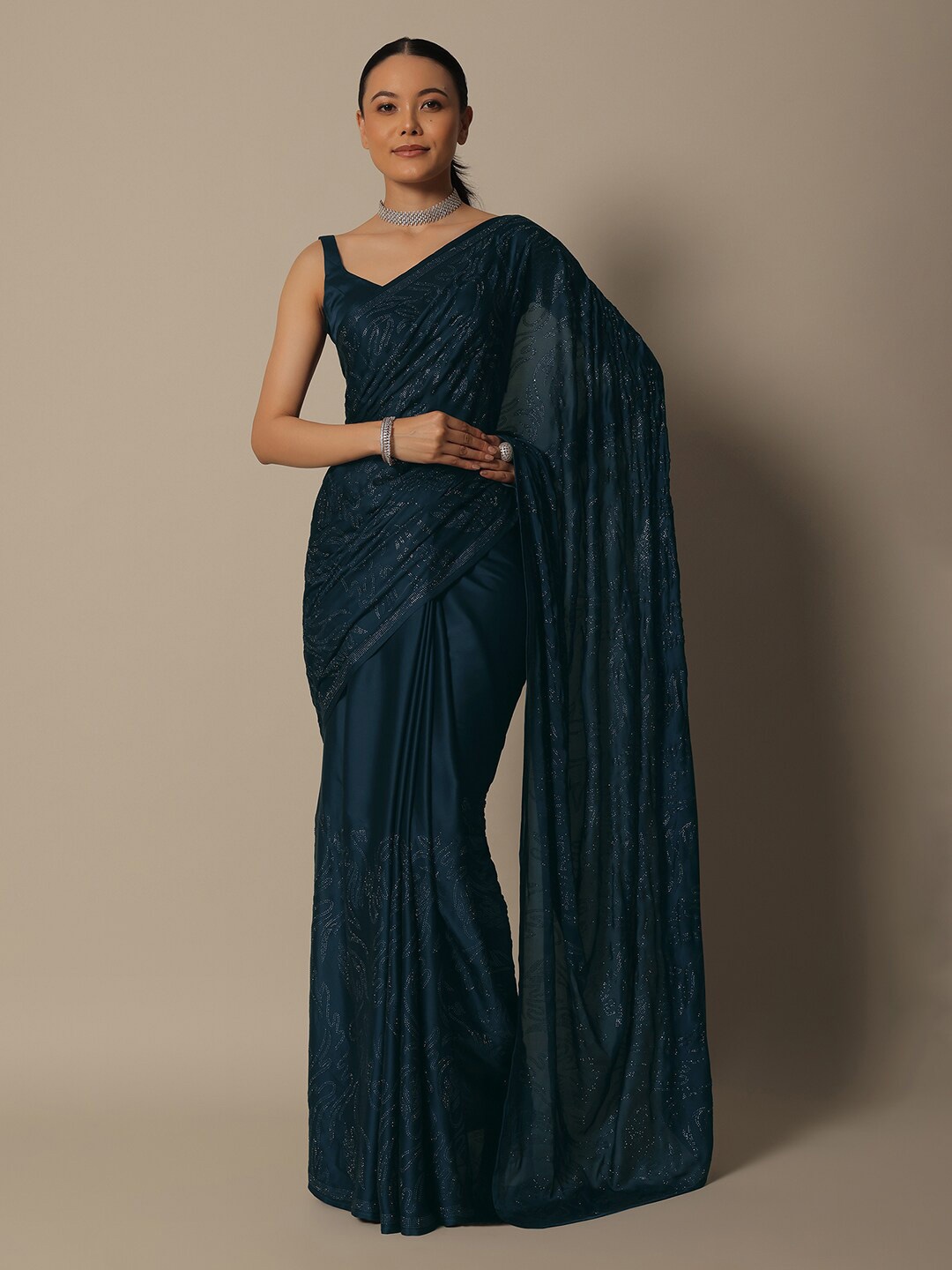 

KALKI Fashion Embellished Beads & Stones Satin Saree, Blue