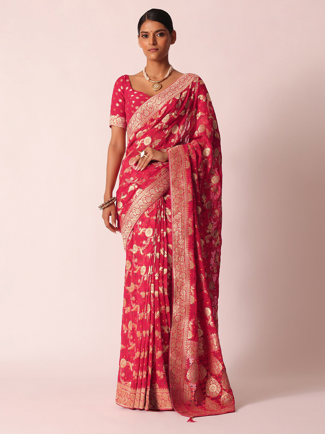 

KALKI Fashion Ethnic Woven Design Zari Pure Georgette Bandhani Saree, Coral