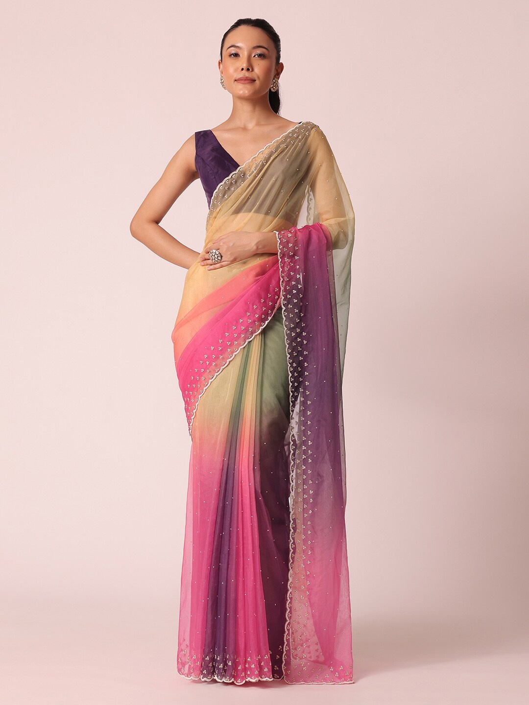 

KALKI Fashion Ombre Beads & Stones Organza Saree, Brown