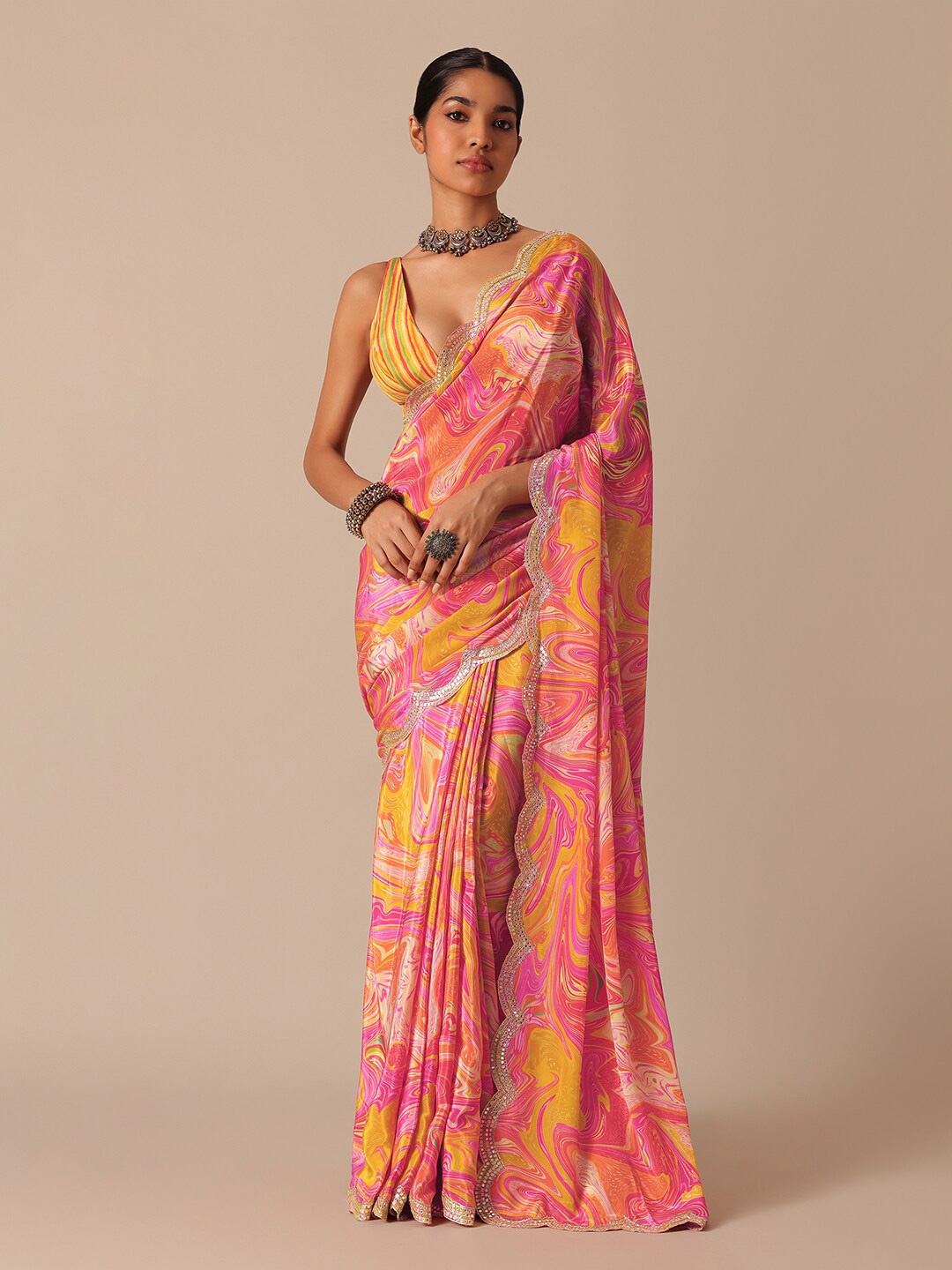 

KALKI Fashion Printed Mirror Work Satin Saree, Orange