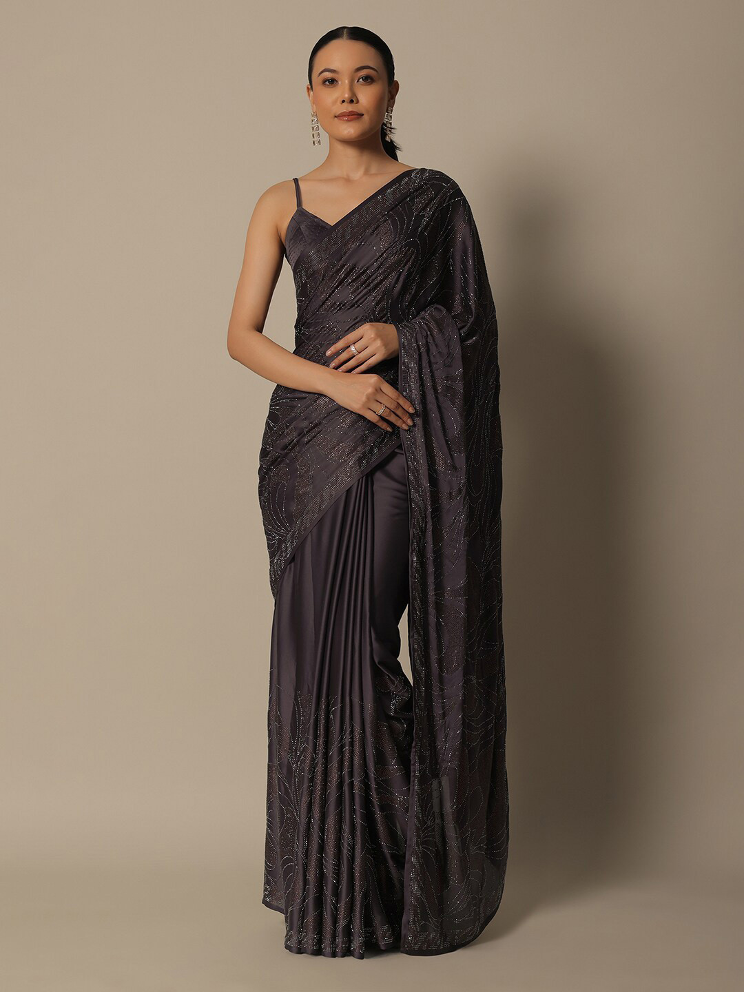 

KALKI Fashion Embellished Beads & Stones Satin Saree, Brown