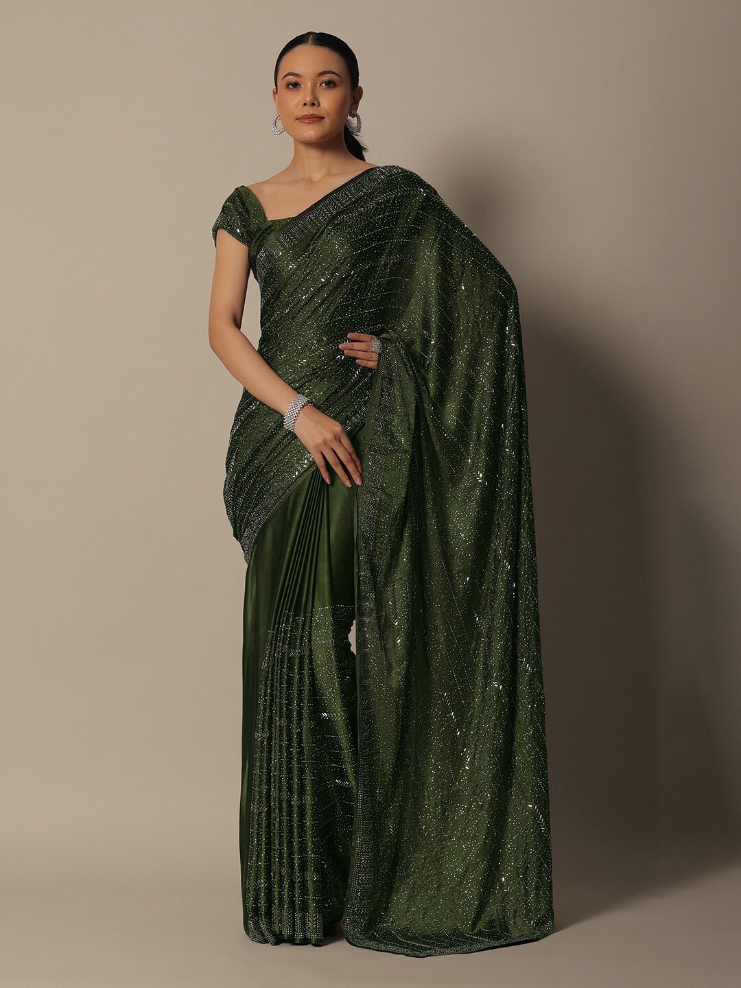 

KALKI Fashion Embellished Beads & Stones Satin Saree, Green